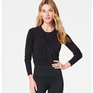 Spanx Better Base Twist and Fold Long Sleeve Wrap Top in Black NWT Size XL